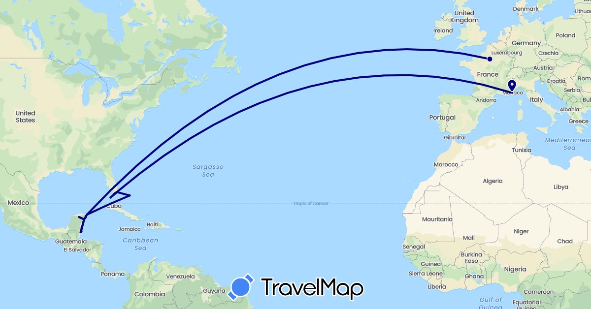 TravelMap itinerary: driving in Bahamas, Belize, France, Mexico, United States (Europe, North America)